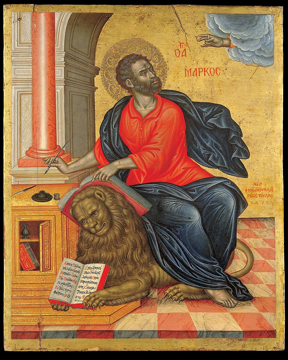 Icon of Saint Mark the Evangelist writing his Gospel beside the winged lion
