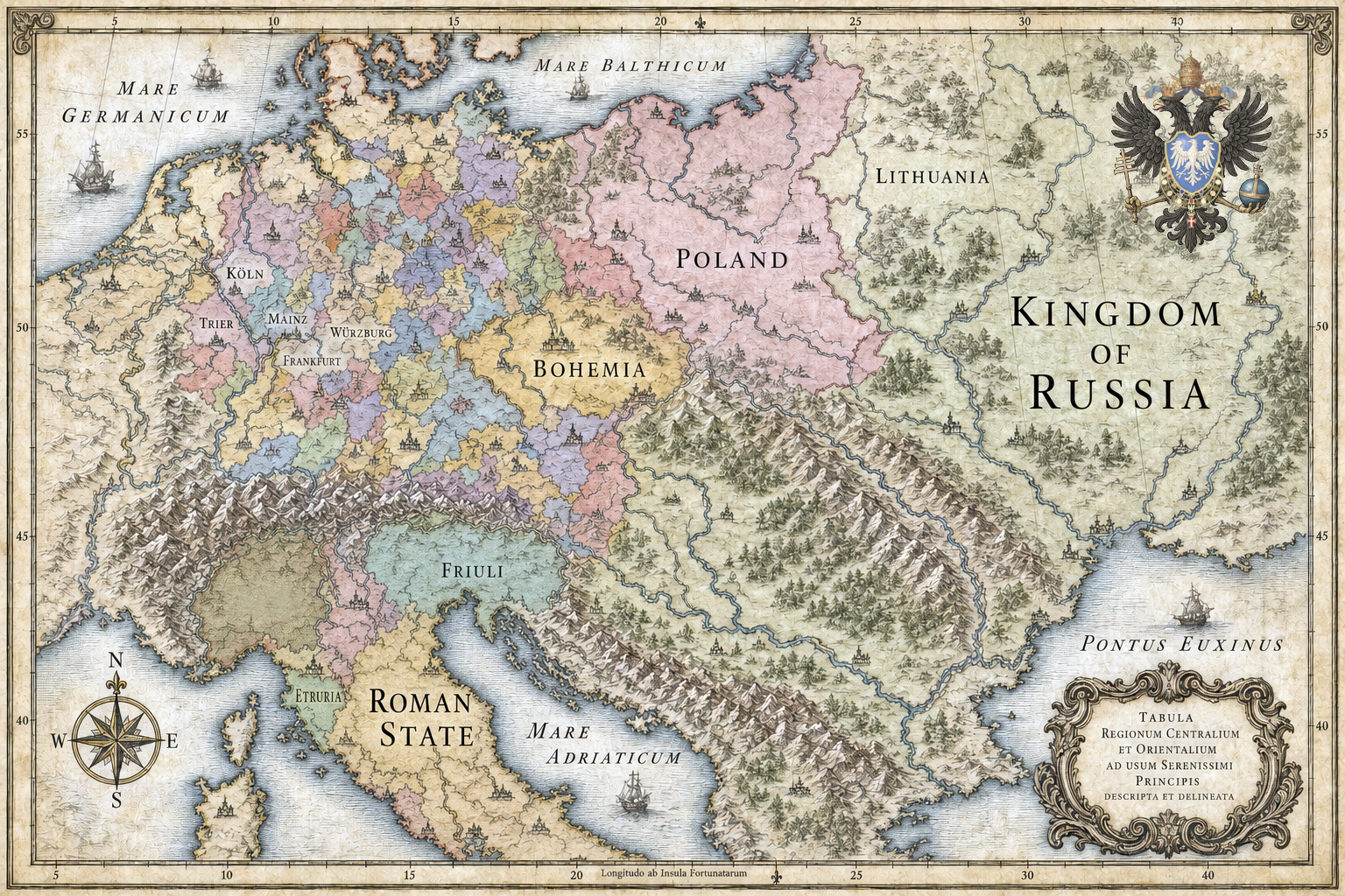 Antique-style map of the historic lands represented among the sovereign houses